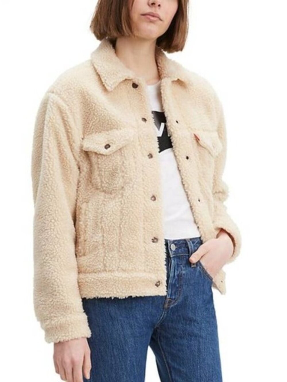 LEVI’S Ex Boyfriend Trucker Jacket All Over Sherpa Beige Women’s Small
